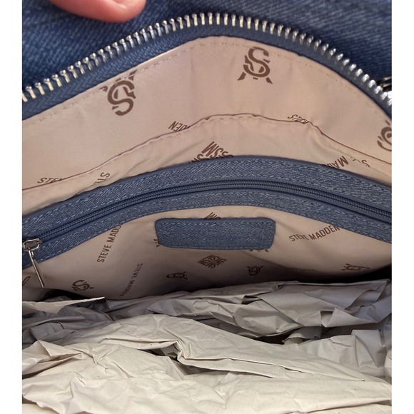 Steve Madden Bkattt-H Quilted Large Chain Tote Bag With Pouch Denim Blue - Picture 5 of 16